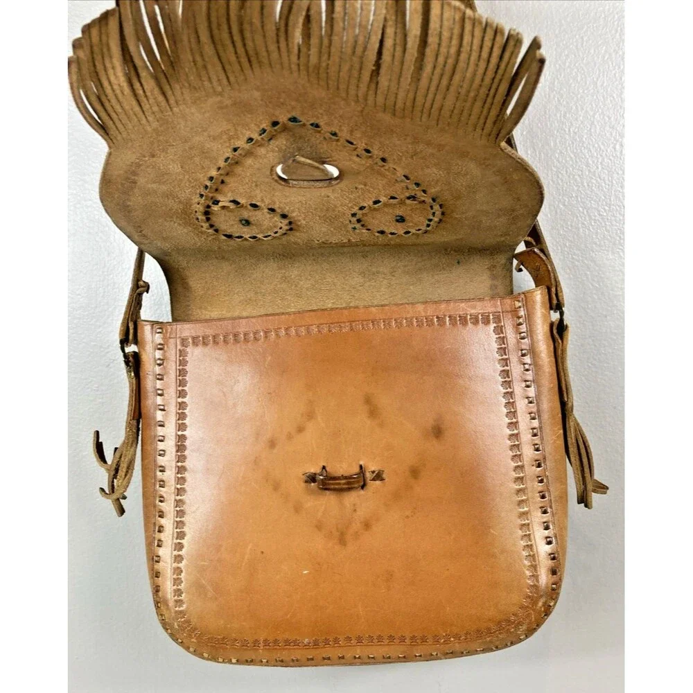 Vintage Leather Hand Tooled & Beaded Handbag Crossbody Tan Fringe Hippie Boho